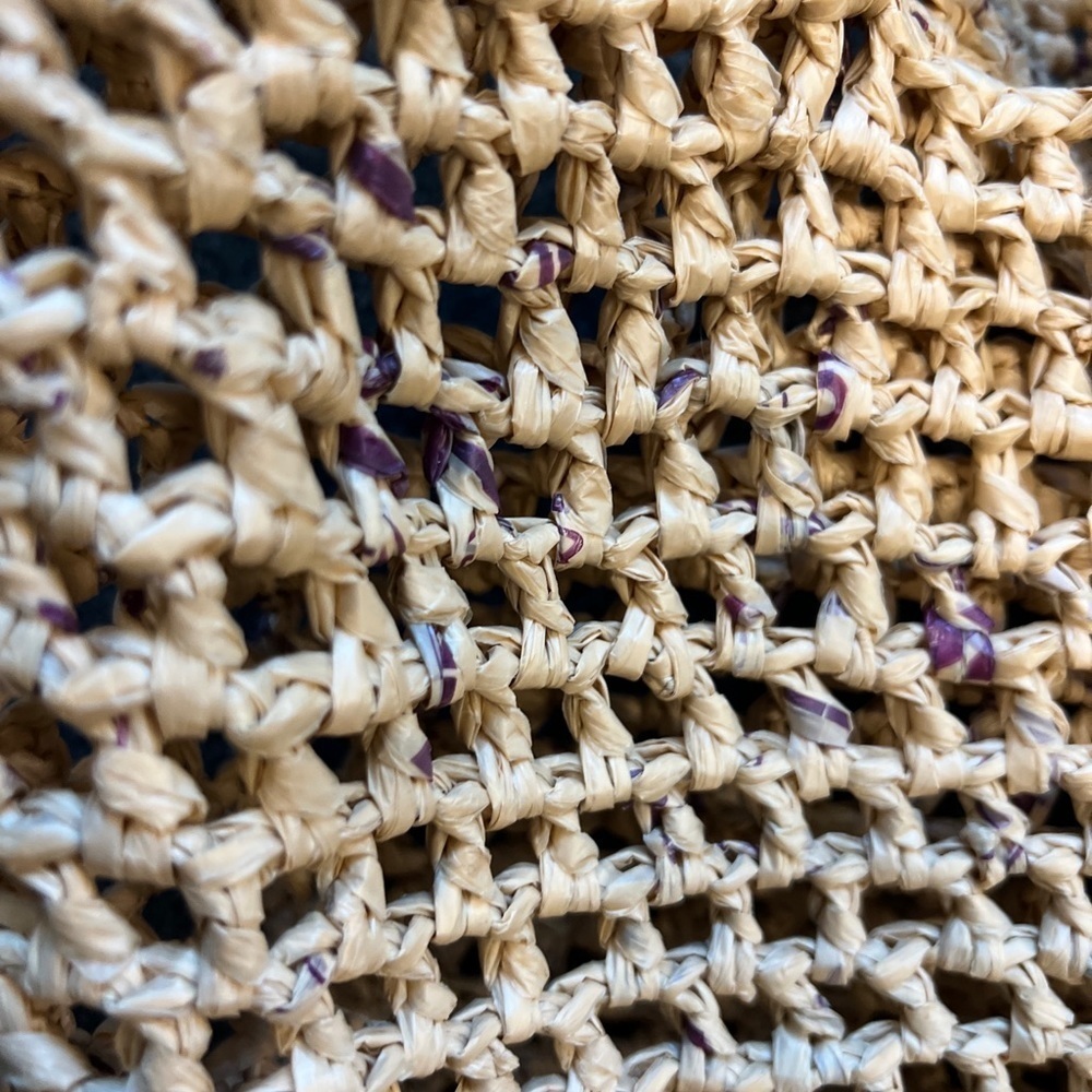Tan Woven Straw Bag Bucket Shopper Beach Tote Boho Purple Details - Picture 5 of 6